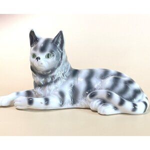 Vintage Thuringia Porcelain Tabby Cat Figurine Gray White Stripe Green Eyes Germ